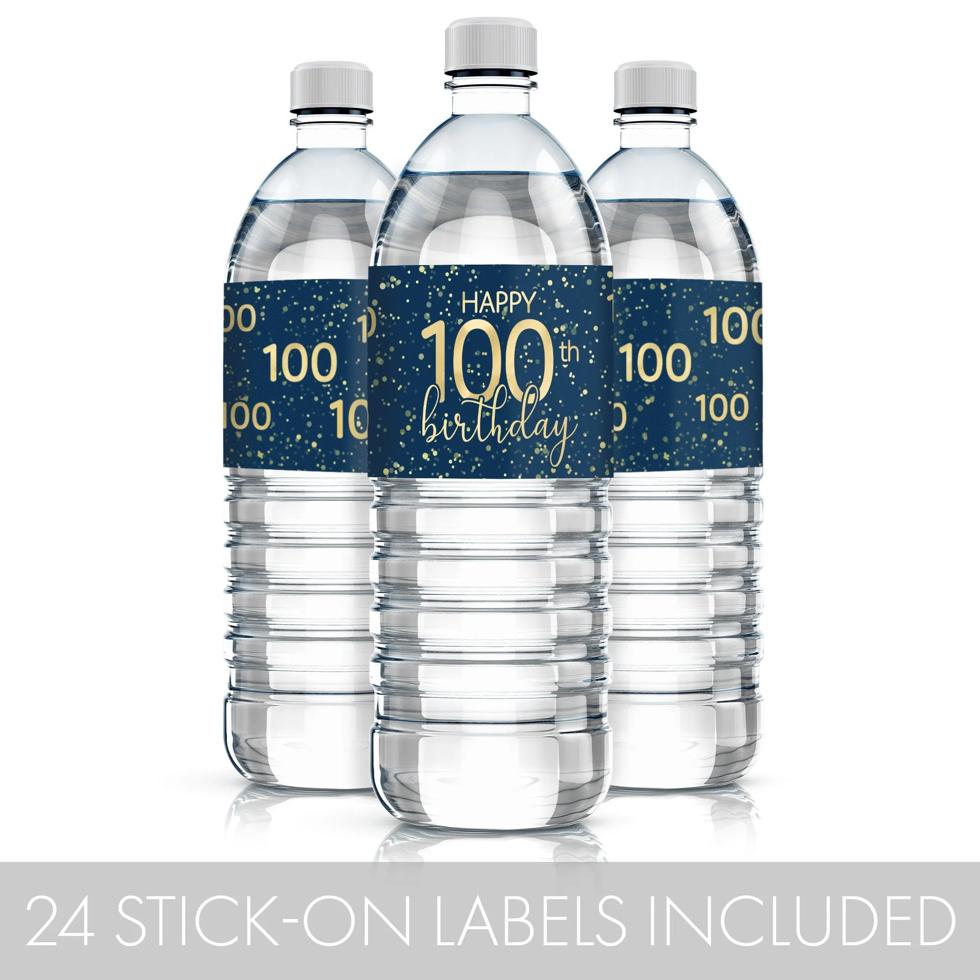 100th Birthday: Navy Blue & Gold - Adult Birthday - Water Bottle Labels - 24 Waterproof Stickers