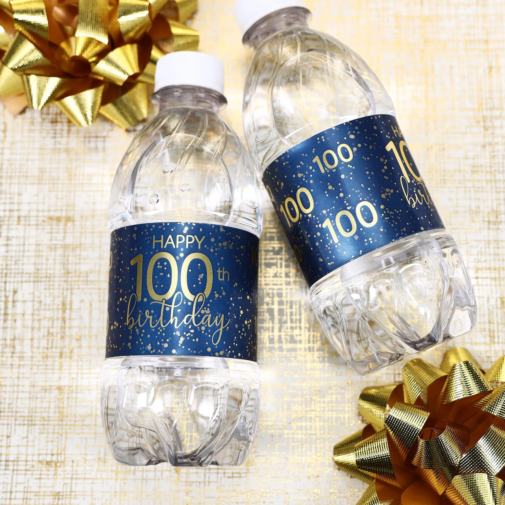 100th Birthday: Navy Blue & Gold - Adult Birthday - Water Bottle Labels - 24 Waterproof Stickers
