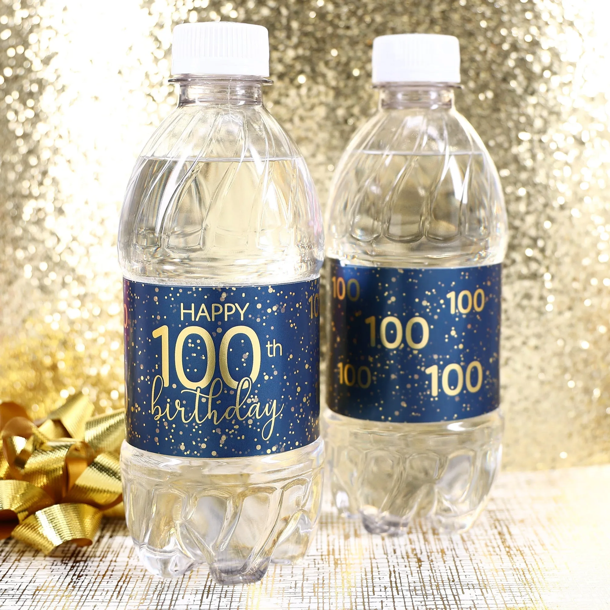 100th Birthday: Navy Blue & Gold - Adult Birthday - Water Bottle Labels - 24 Waterproof Stickers