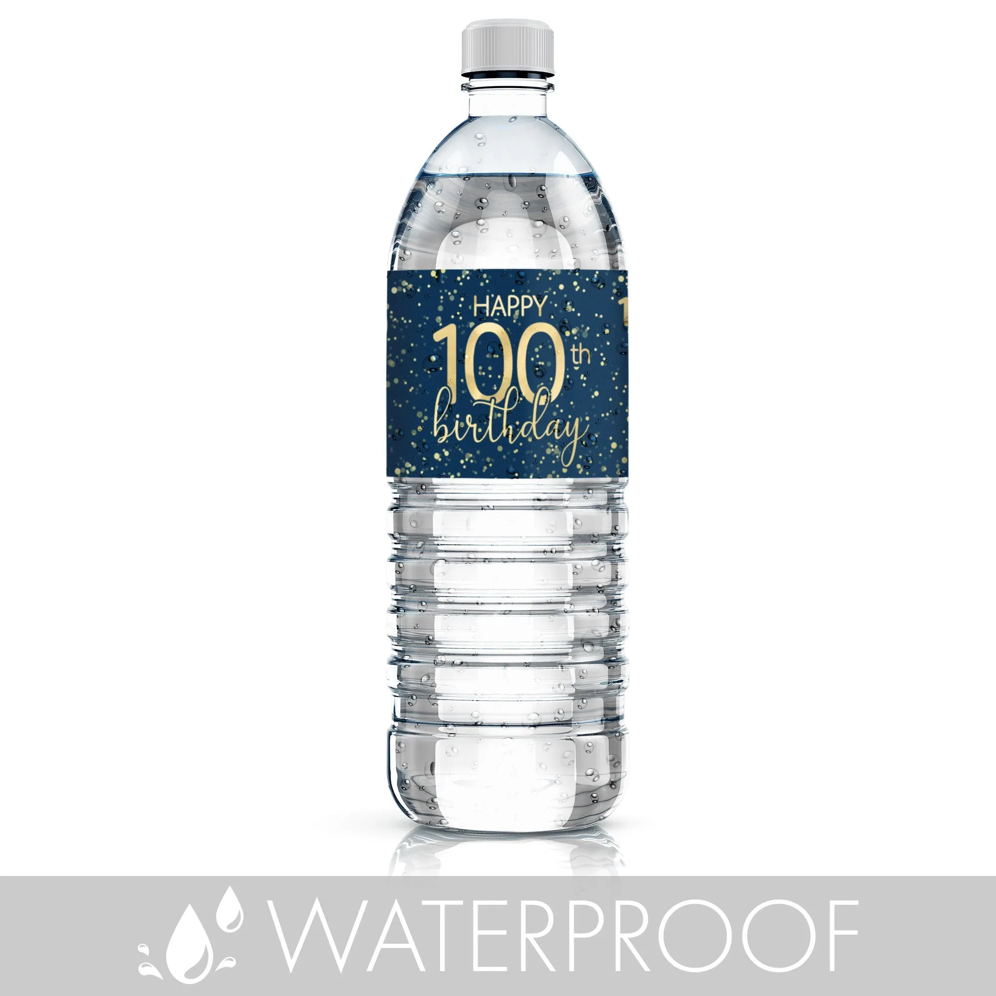 100th Birthday: Navy Blue & Gold - Adult Birthday - Water Bottle Labels - 24 Waterproof Stickers