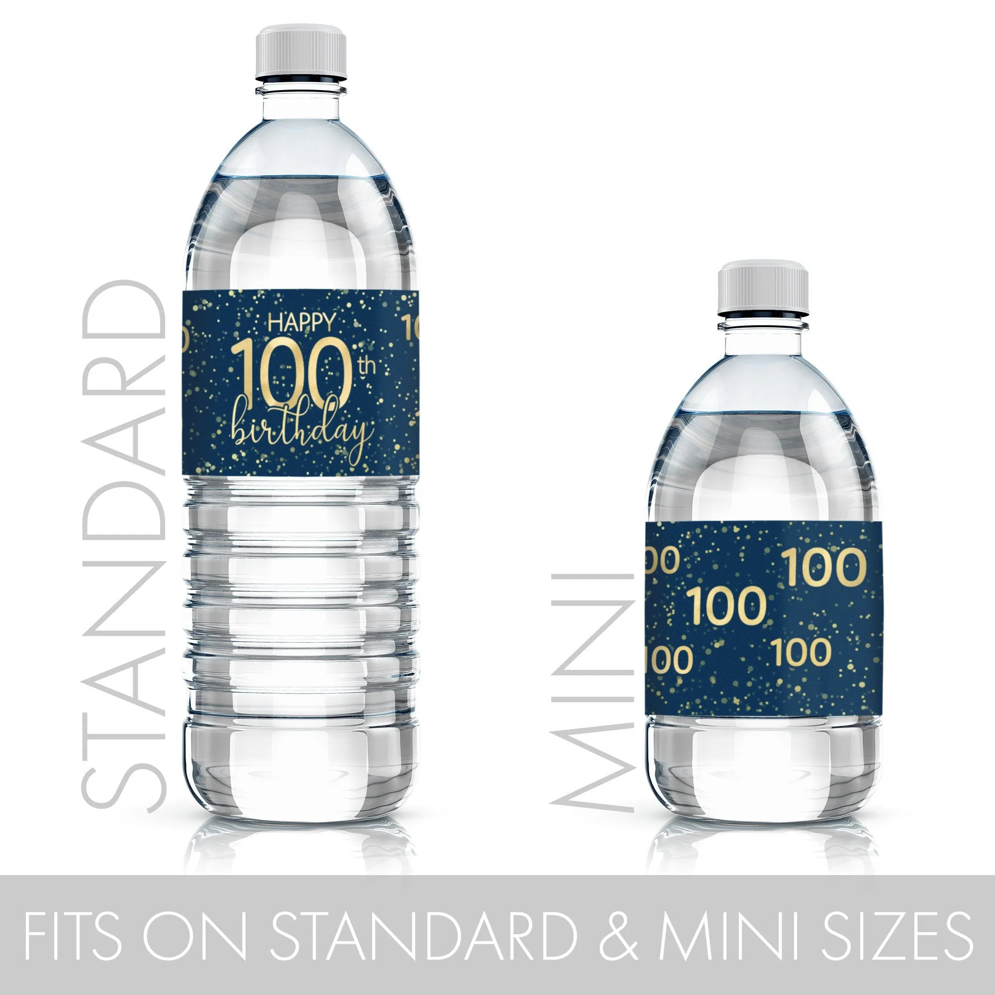 100th Birthday: Navy Blue & Gold - Adult Birthday - Water Bottle Labels - 24 Waterproof Stickers