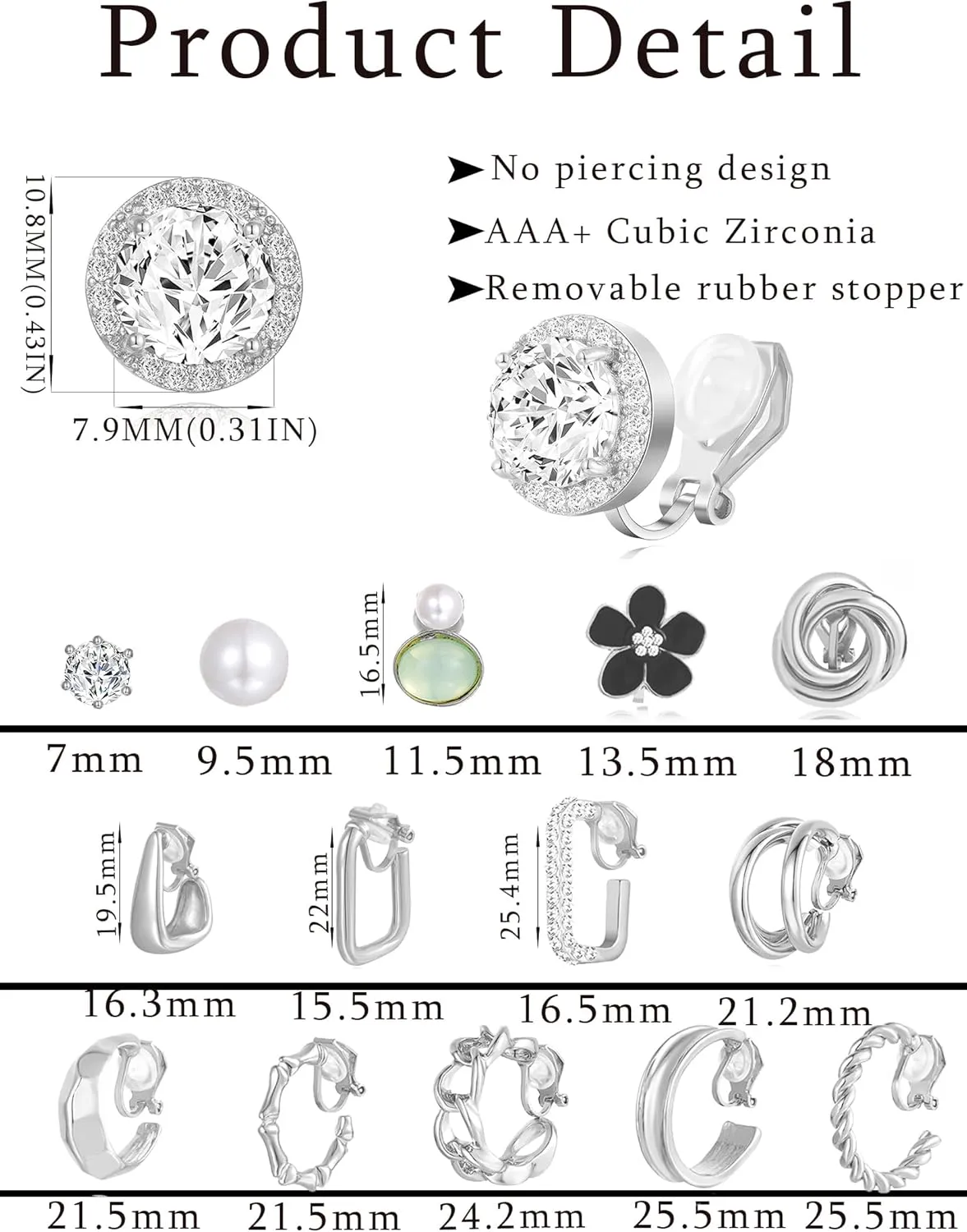 15 Pairs Clip on Earrings for Women Chunky Hoop Clip Earring Round CZ Twist Simulated Pearl Flower Knot No Piercing Fake Stud Earrings Sets Jewelry Gifts Gold Silver Tone