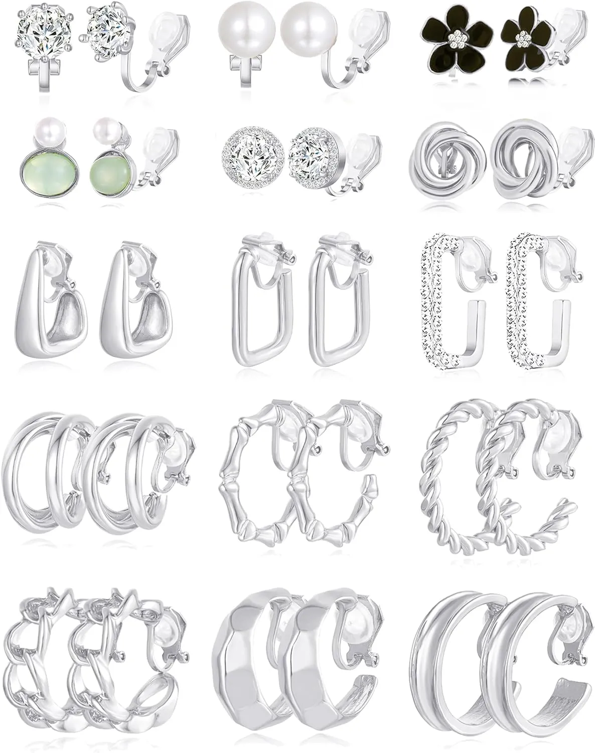 15 Pairs Clip on Earrings for Women Chunky Hoop Clip Earring Round CZ Twist Simulated Pearl Flower Knot No Piercing Fake Stud Earrings Sets Jewelry Gifts Gold Silver Tone