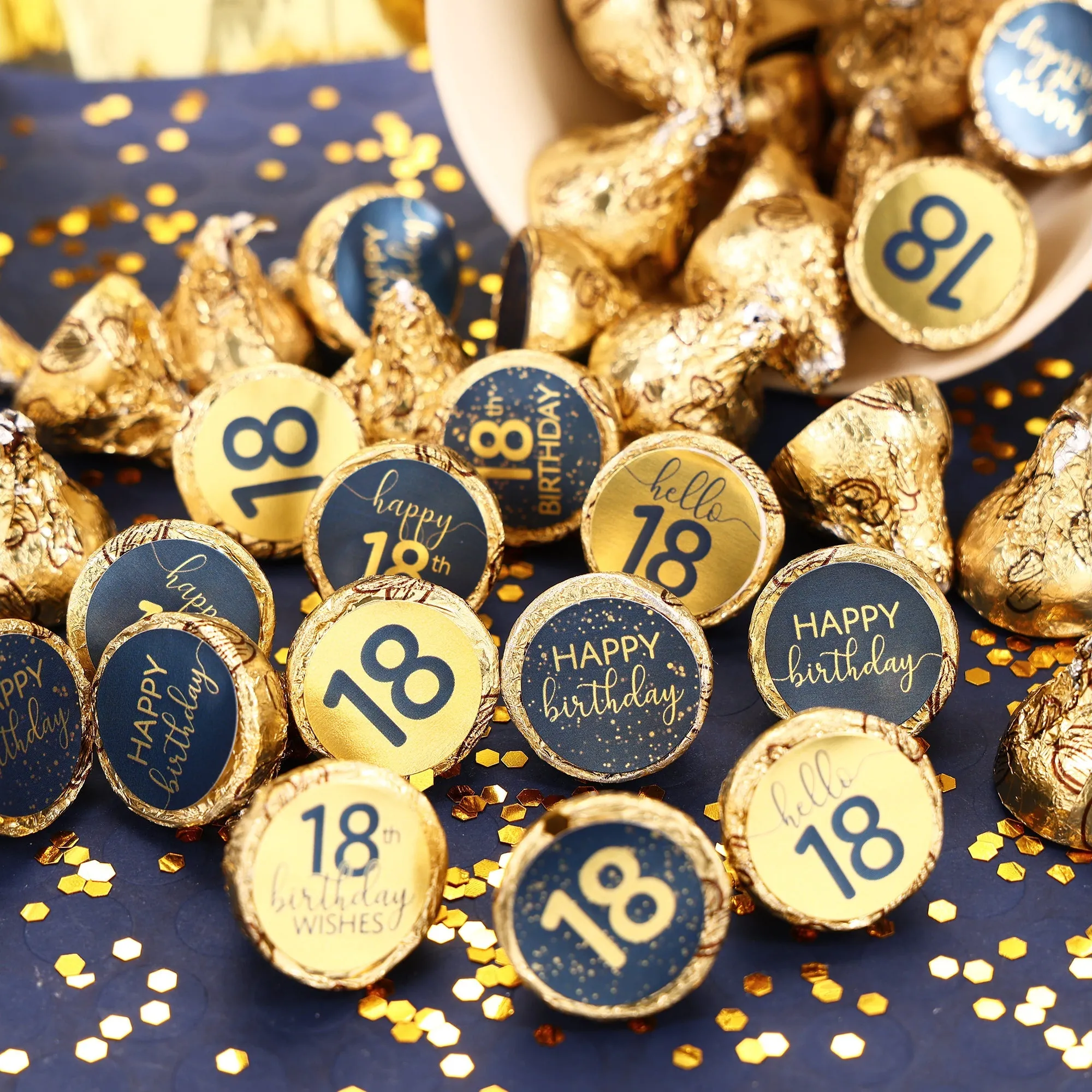 18th Birthday: Navy Blue & Gold - Adult Birthday - Party Favor Stickers Fits Hershey's Kisses Candy - 180 Count