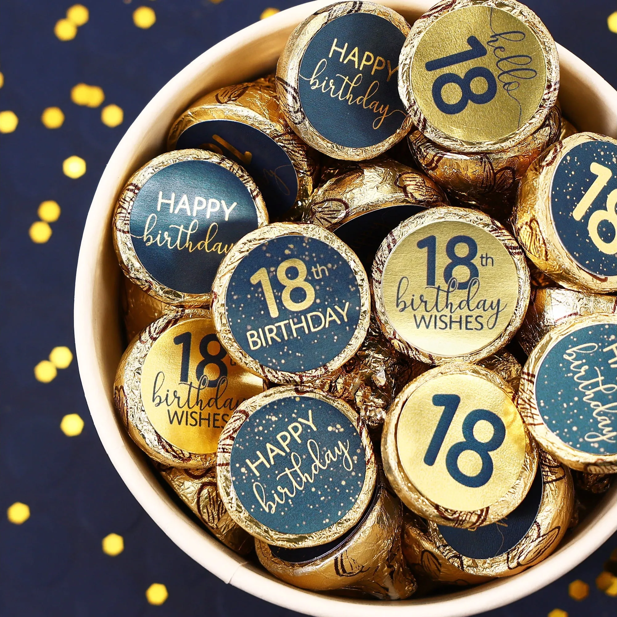 18th Birthday: Navy Blue & Gold - Adult Birthday - Party Favor Stickers Fits Hershey's Kisses Candy - 180 Count