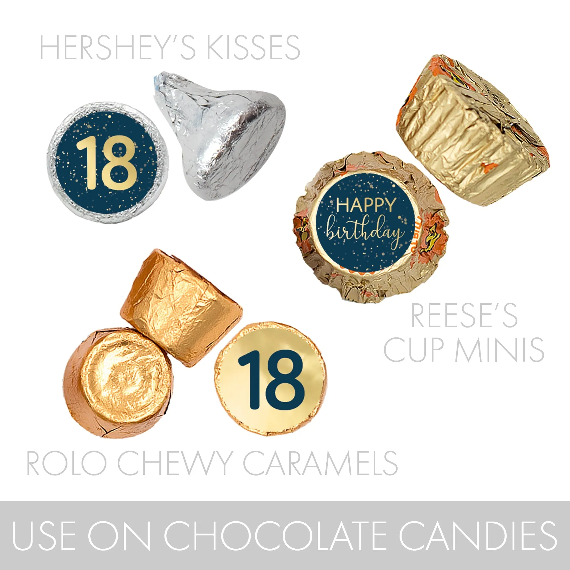 18th Birthday: Navy Blue & Gold - Adult Birthday - Party Favor Stickers Fits Hershey's Kisses Candy - 180 Count