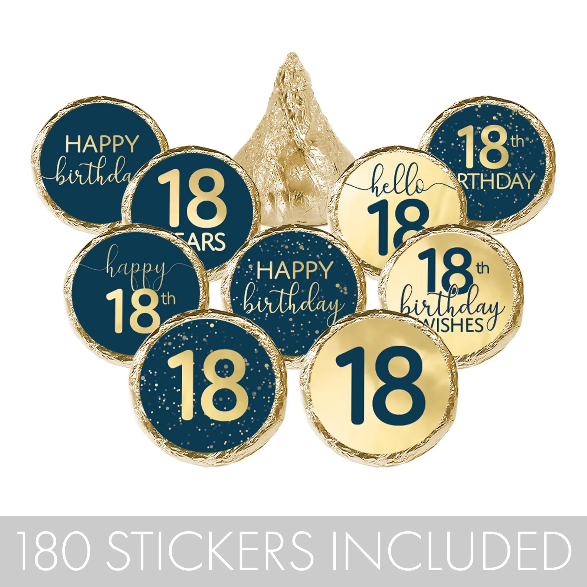 18th Birthday: Navy Blue & Gold - Adult Birthday - Party Favor Stickers Fits Hershey's Kisses Candy - 180 Count