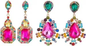 2 Pairs Rhinestone Statement Drop Dangle Earrings Rectangle Teardrop Rhinestone Dangling Chandelier Earrings Pink Green Vintage Crystal Dangling Earrings Wedding Earrings for Women