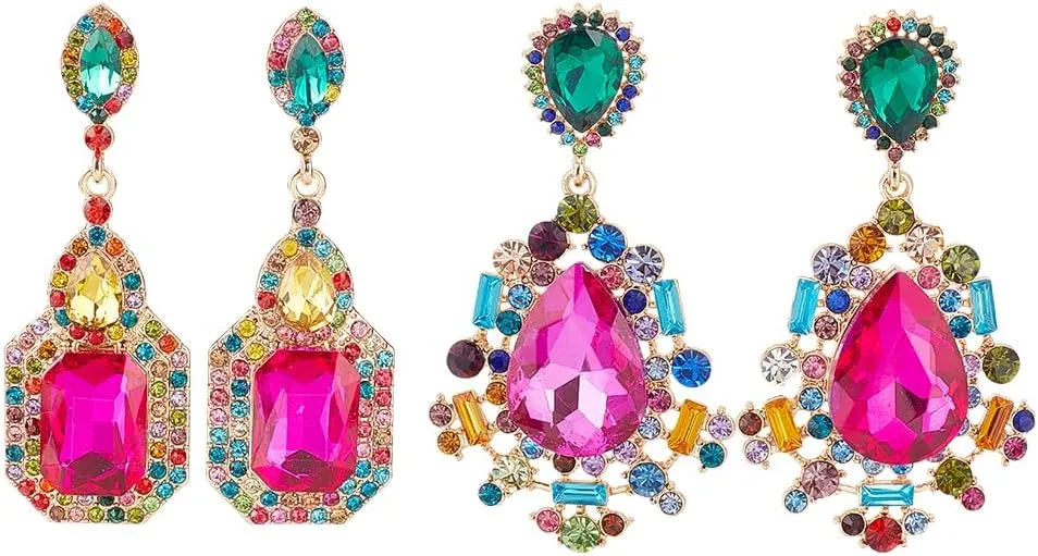 2 Pairs Rhinestone Statement Drop Dangle Earrings Rectangle Teardrop Rhinestone Dangling Chandelier Earrings Pink Green Vintage Crystal Dangling Earrings Wedding Earrings for Women