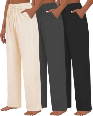 3 Pack Womens Yoga Sweatpants Wide Leg Lounge Pajamas Pants Drawstring Workout Comfy Joggers Sweatpants Pants Pockets