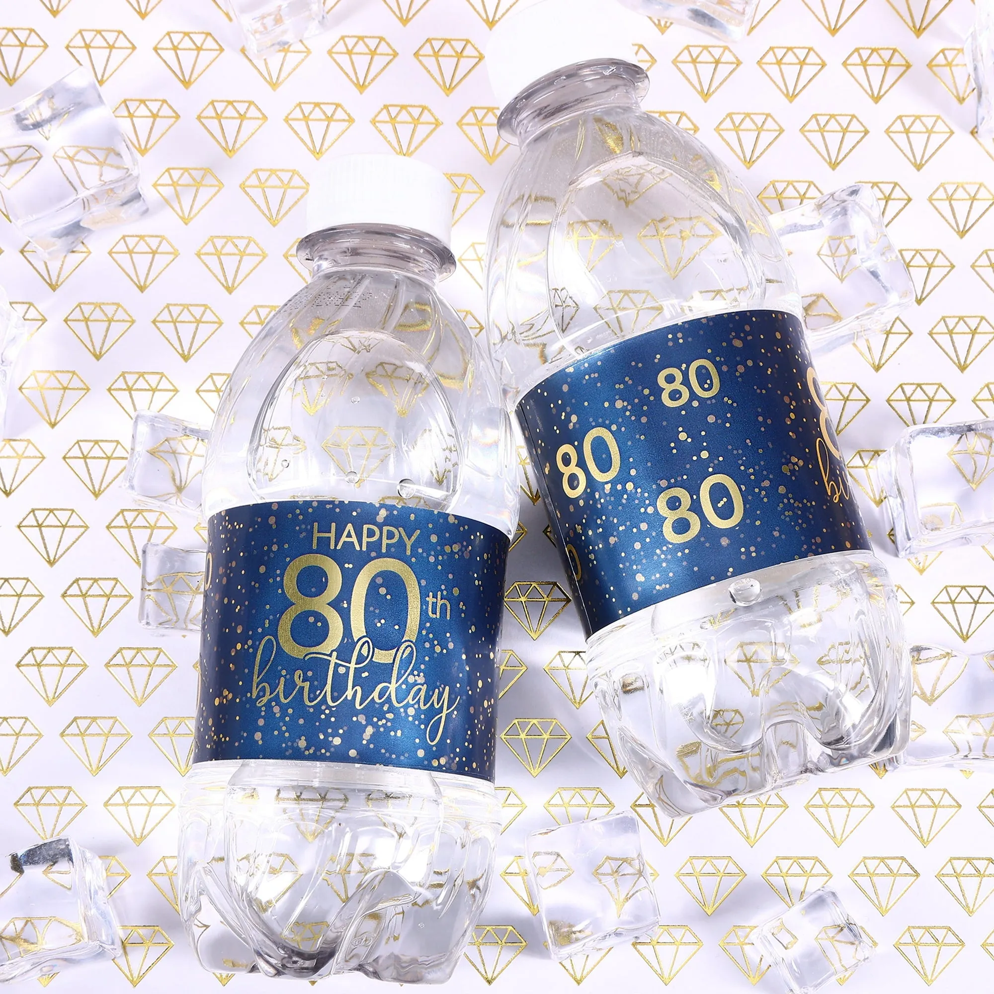 80th Birthday: Navy Blue & Gold - Adult Birthday - Water Bottle Labels