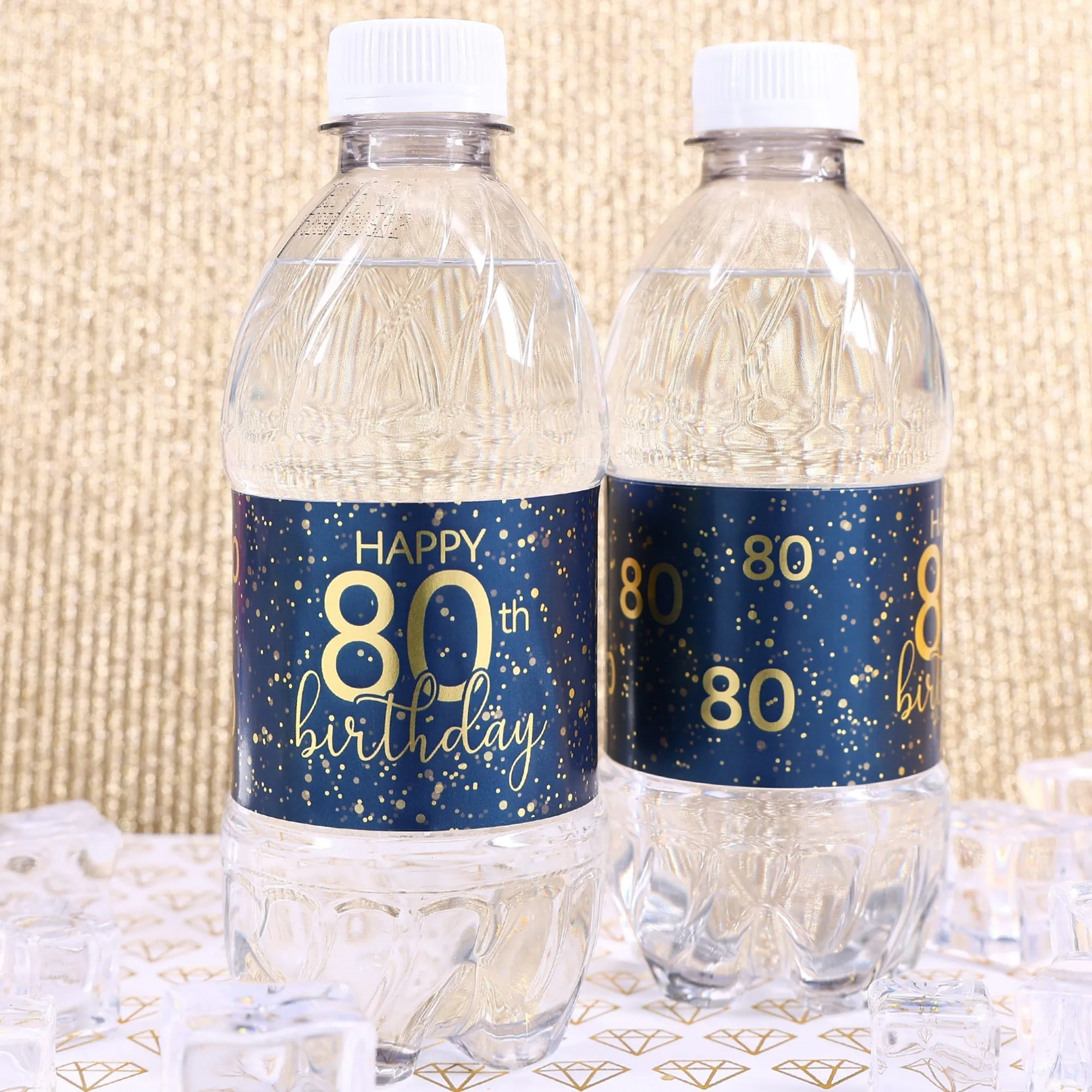 80th Birthday: Navy Blue & Gold - Adult Birthday - Water Bottle Labels