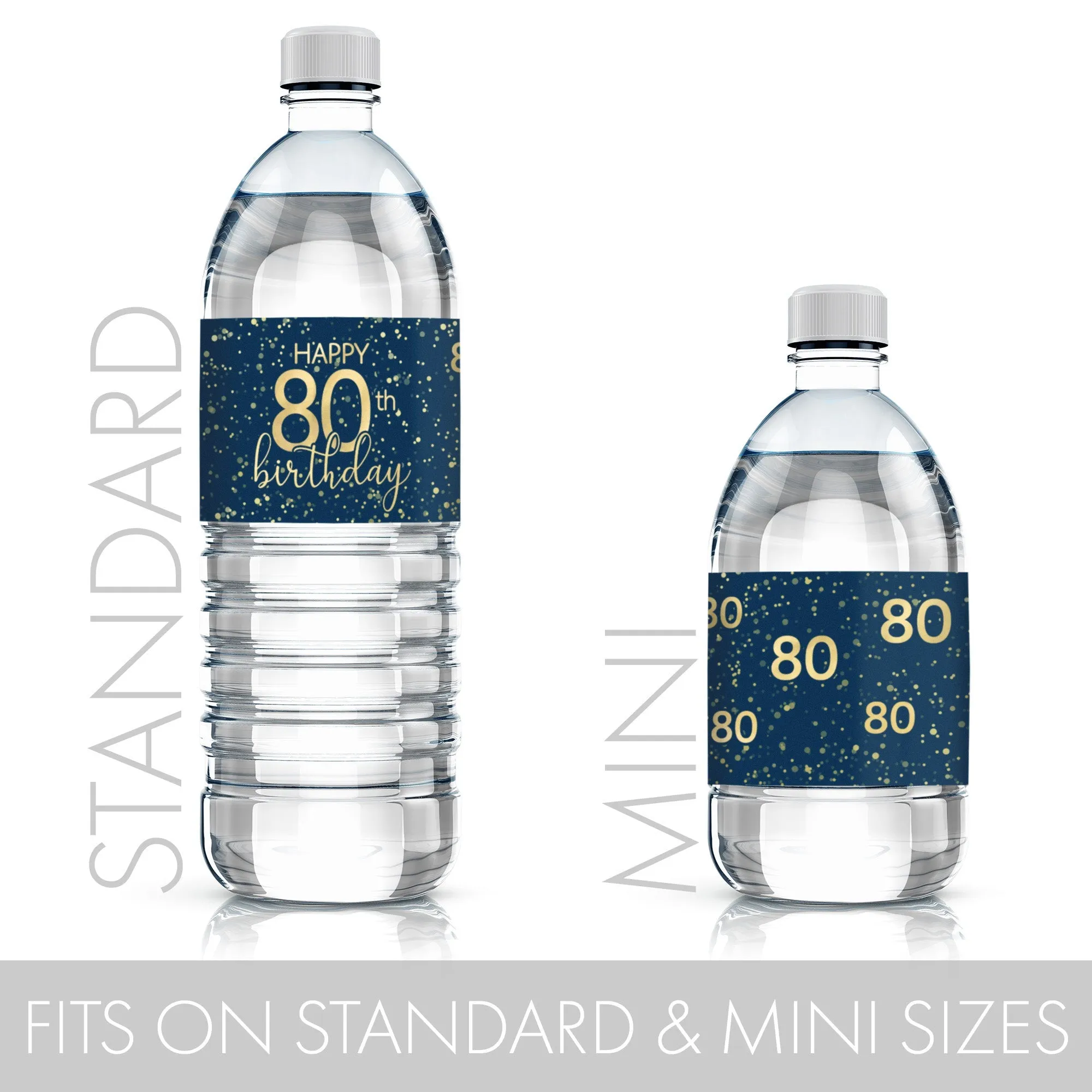 80th Birthday: Navy Blue & Gold - Adult Birthday - Water Bottle Labels