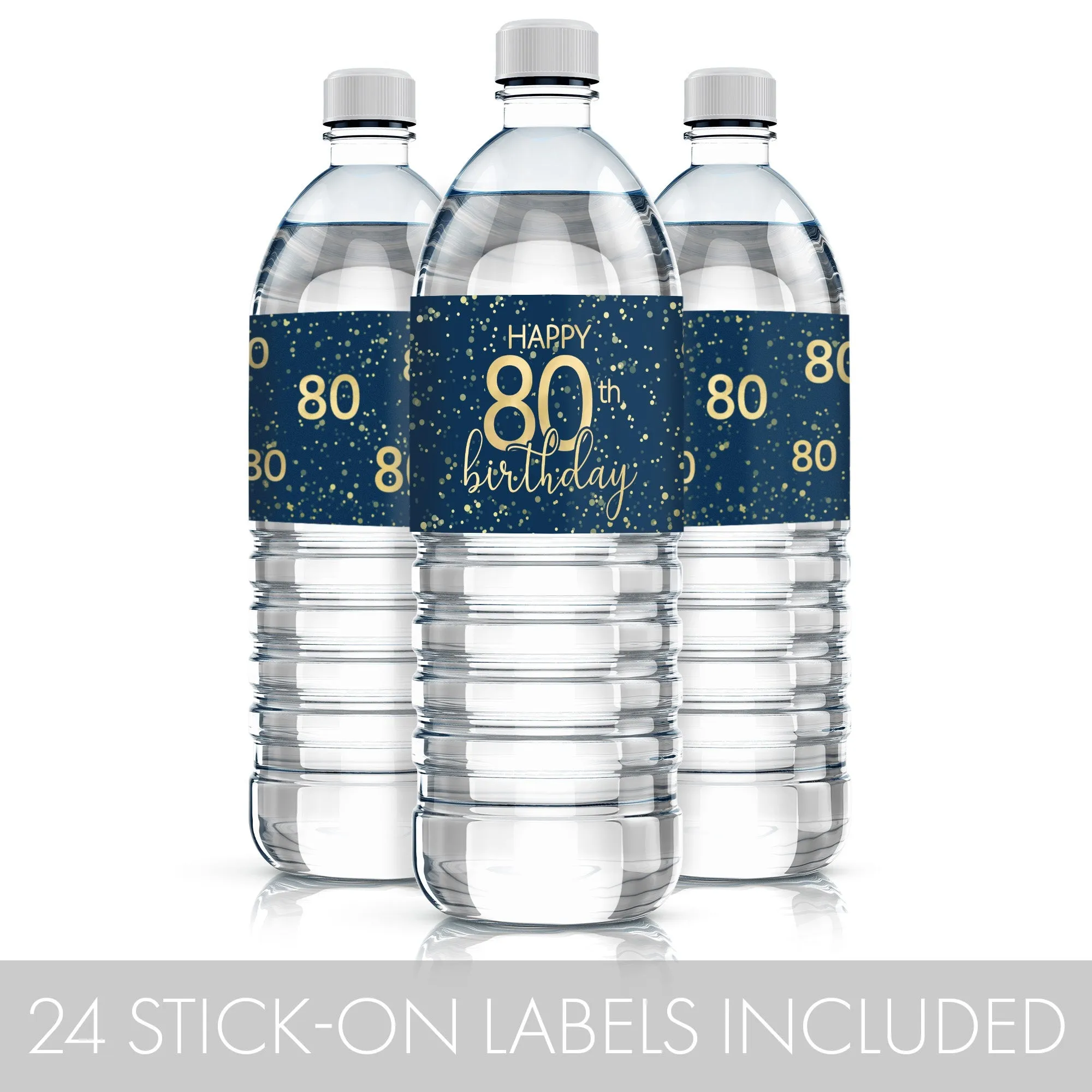 80th Birthday: Navy Blue & Gold - Adult Birthday - Water Bottle Labels