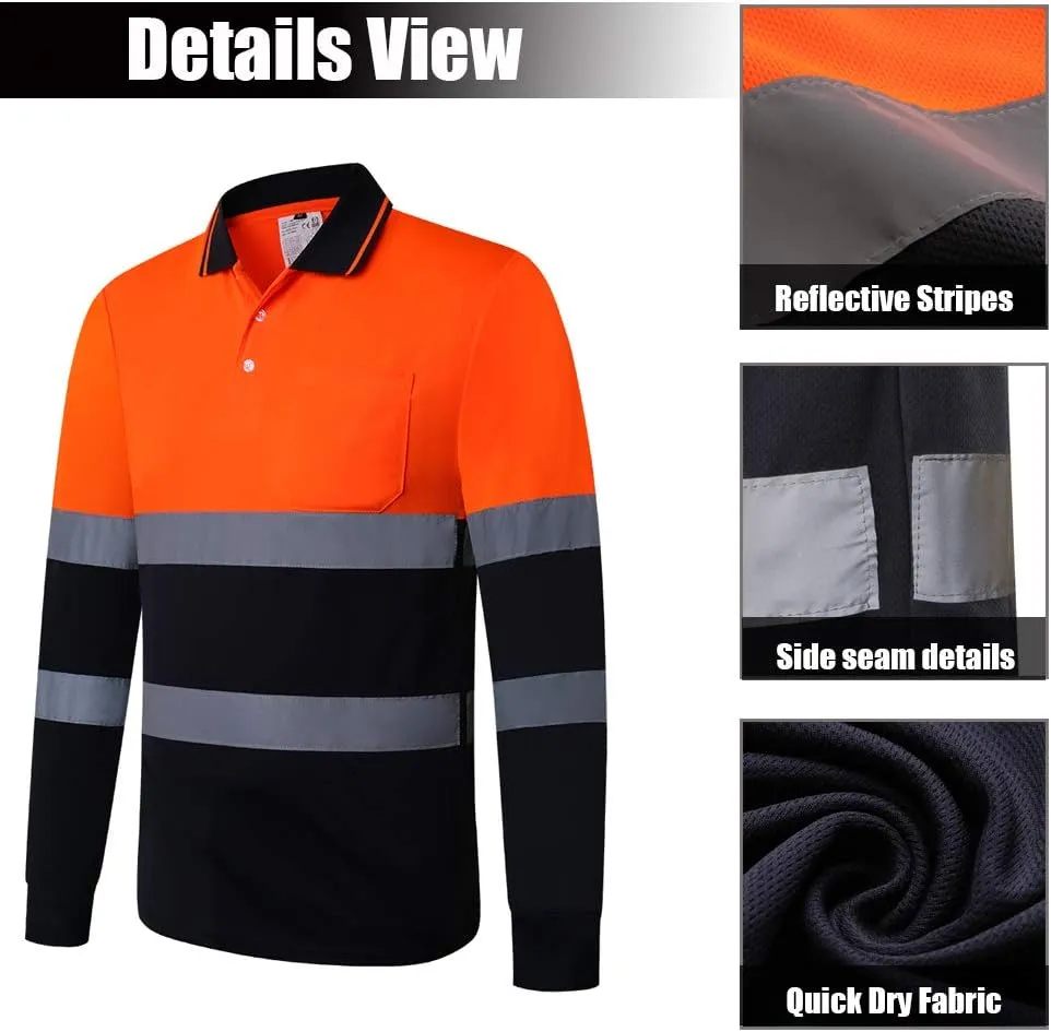 ANSI Class 2 Hi Vis Shirts Yellow Navy Long Sleeve Reflective Polo Shirt Safety Work Shirt for Construction Men and Women