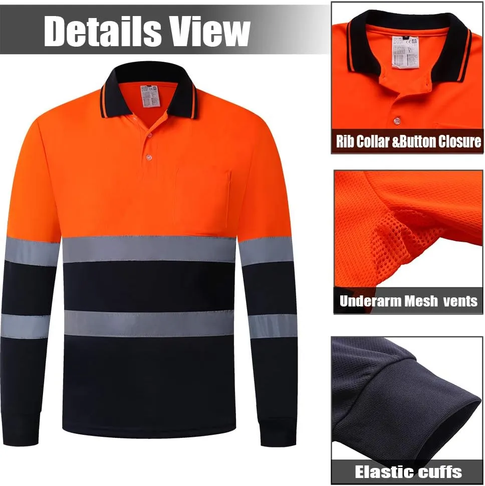 ANSI Class 2 Hi Vis Shirts Yellow Navy Long Sleeve Reflective Polo Shirt Safety Work Shirt for Construction Men and Women