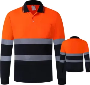 ANSI Class 2 Hi Vis Shirts Yellow Navy Long Sleeve Reflective Polo Shirt Safety Work Shirt for Construction Men and Women