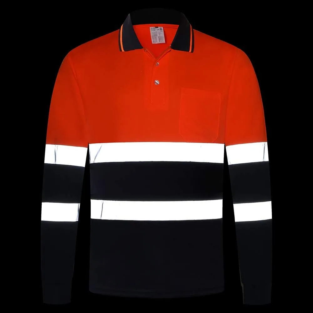 ANSI Class 2 Hi Vis Shirts Yellow Navy Long Sleeve Reflective Polo Shirt Safety Work Shirt for Construction Men and Women