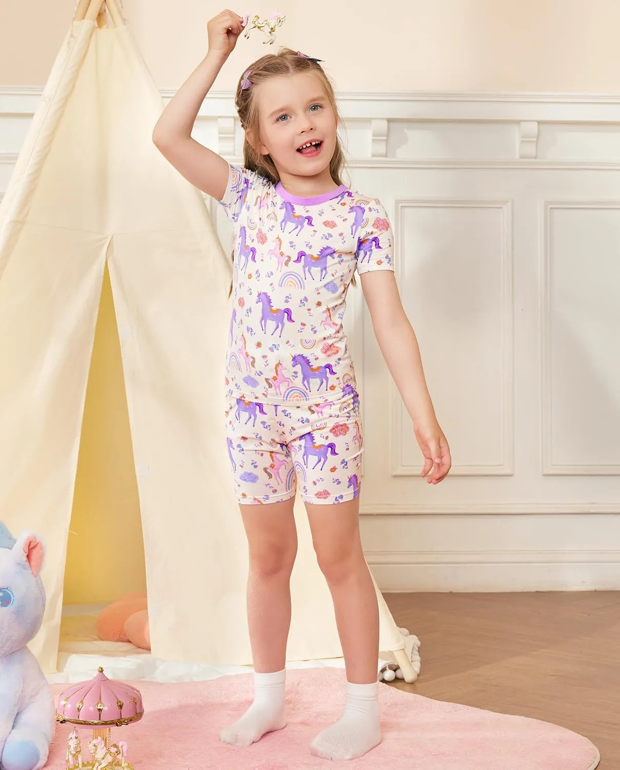 Bamboo Viscose Toddler Unicorn Mermaid Girls Kids Pajamas Short Sleeve Summer Cool Snug fit Pjs 12M-8Y 2pcs