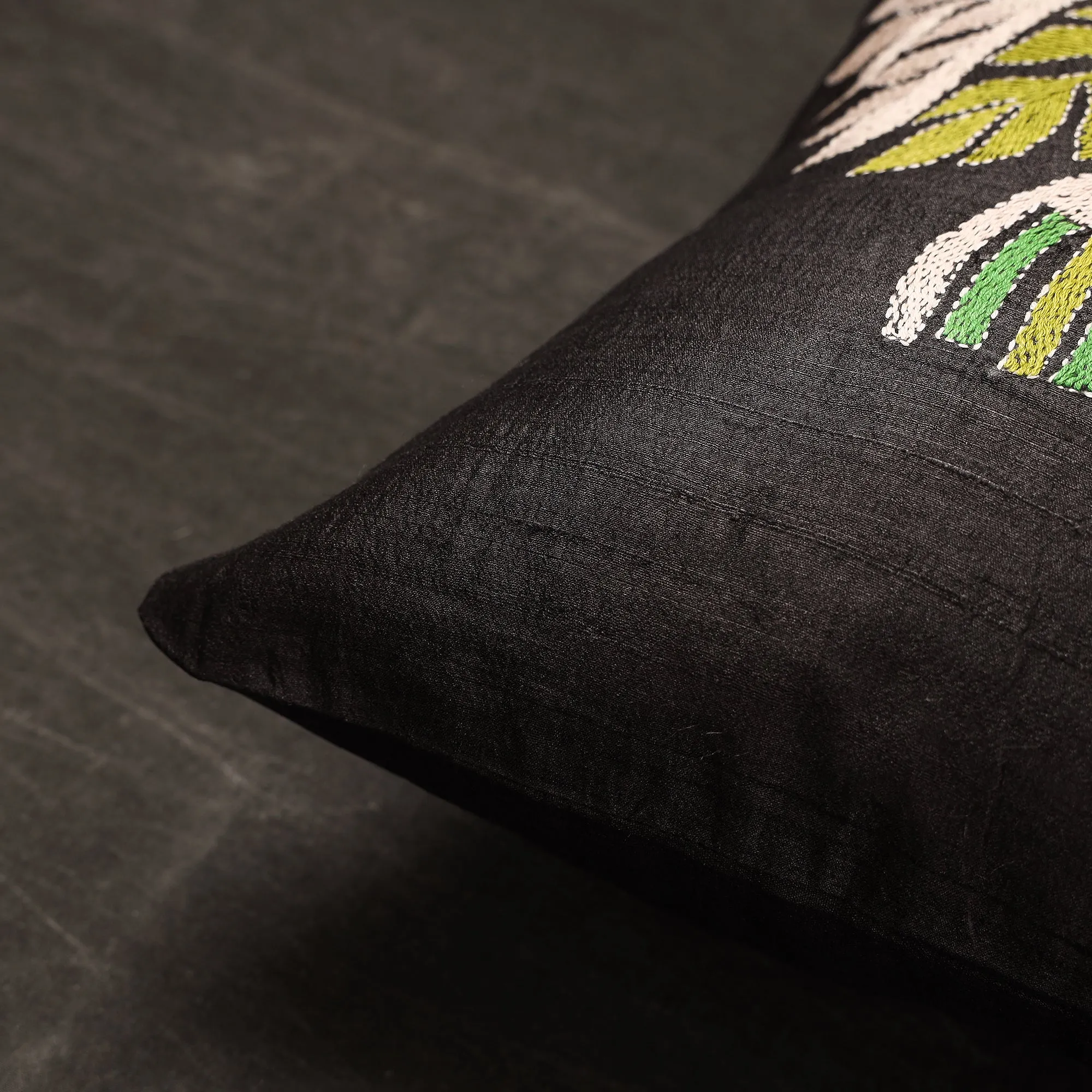 Black - Bengal Kantha Embroidery Tussar Silk Cushion Cover (16 x 16 in) 16