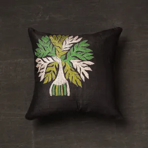 Black - Bengal Kantha Embroidery Tussar Silk Cushion Cover (16 x 16 in) 16