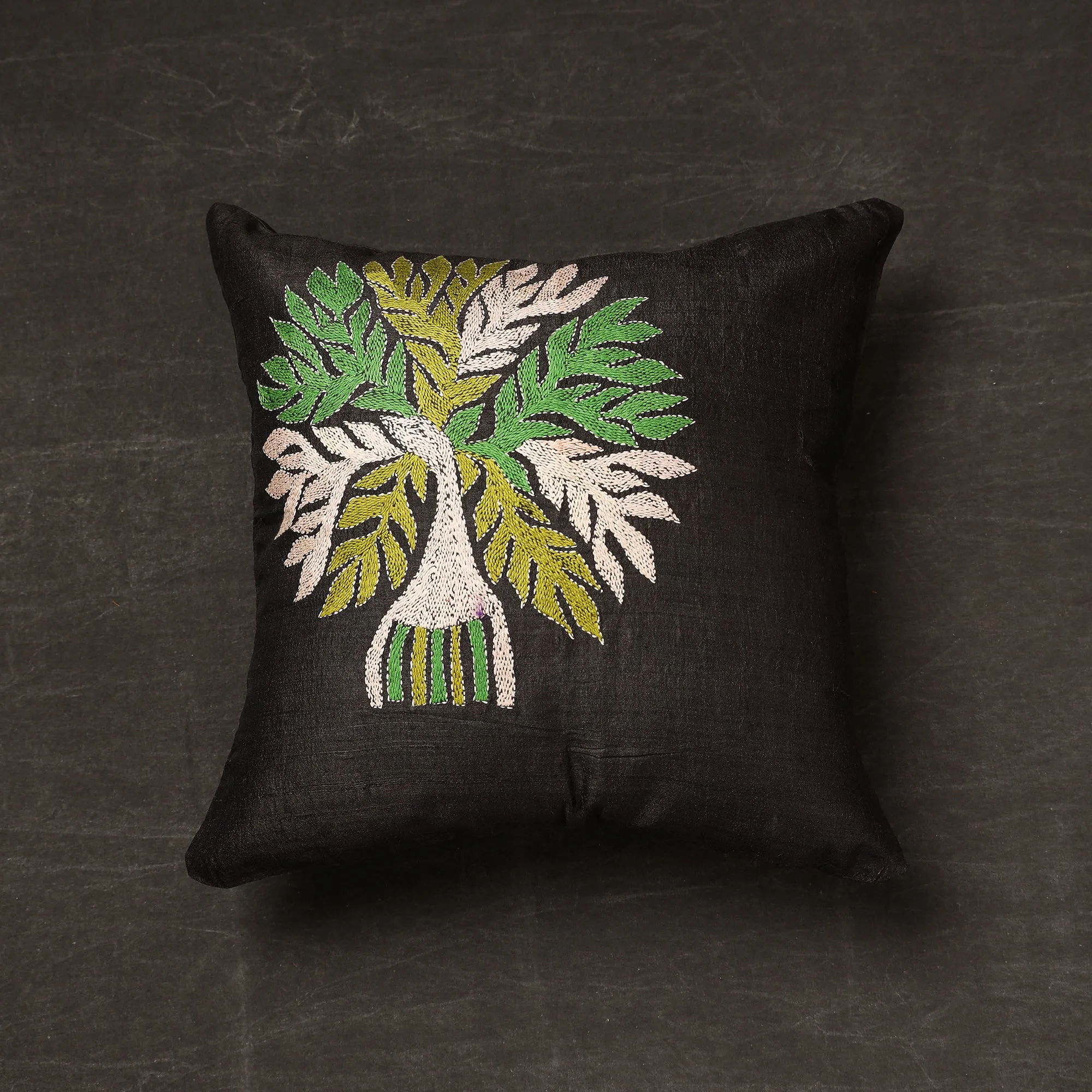 Black - Bengal Kantha Embroidery Tussar Silk Cushion Cover (16 x 16 in) 16