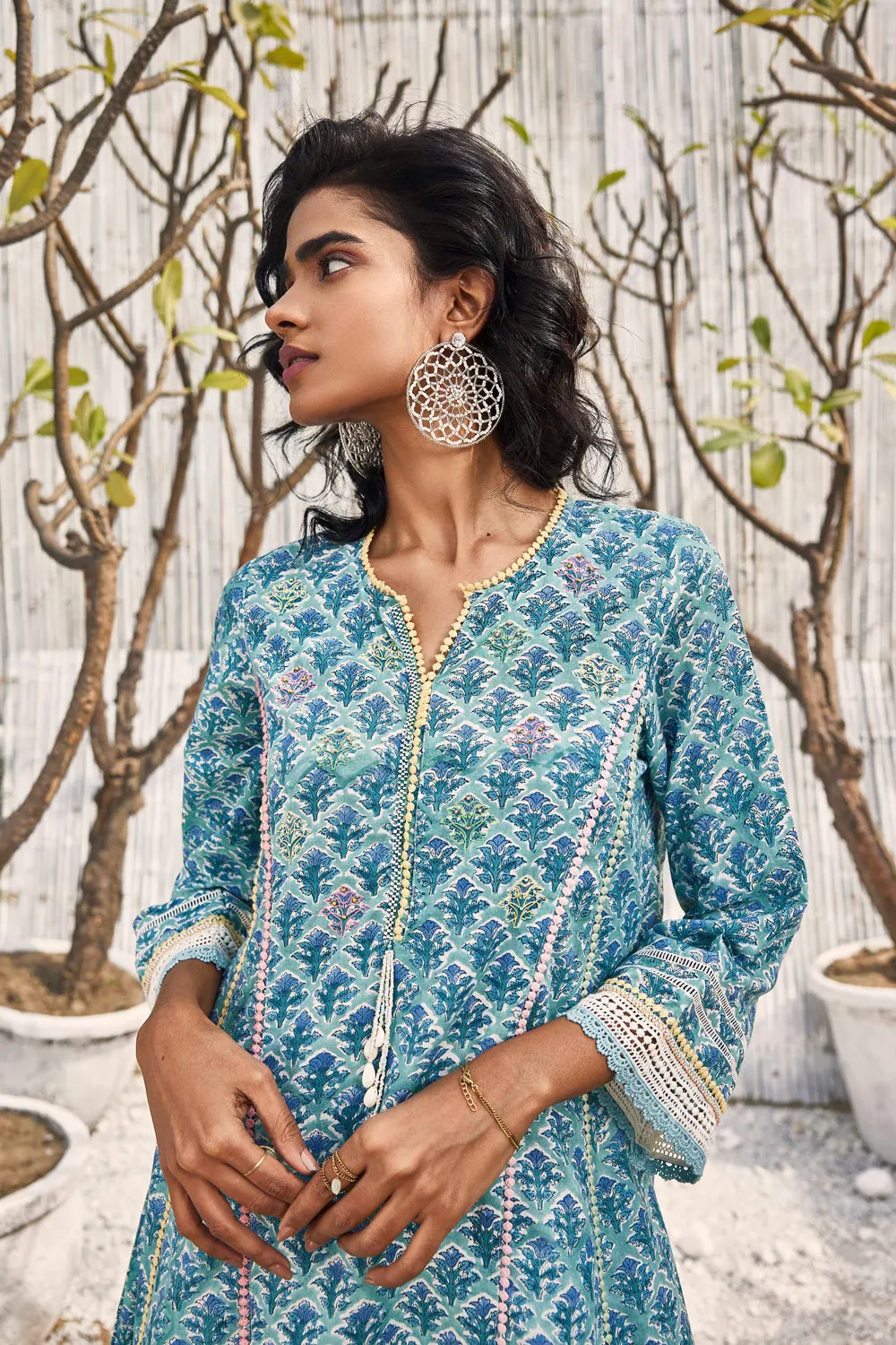 Block Print Short Anarkali With Salwar - Set Of 3