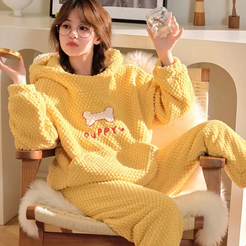 Cartoon Puppy Letter Plush Hooded Pajamas Set