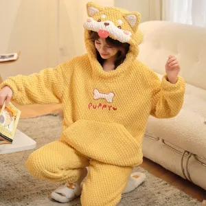 Cartoon Puppy Letter Plush Hooded Pajamas Set