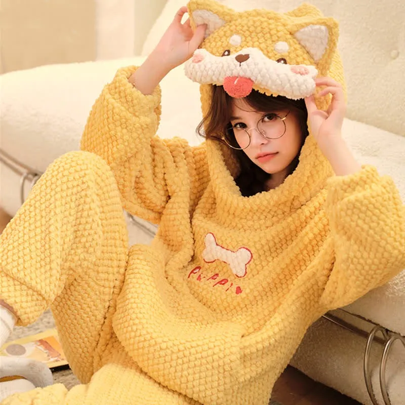 Cartoon Puppy Letter Plush Hooded Pajamas Set