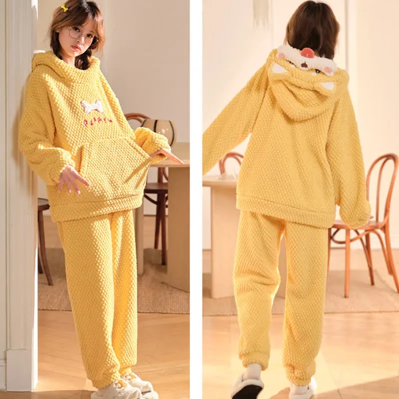 Cartoon Puppy Letter Plush Hooded Pajamas Set