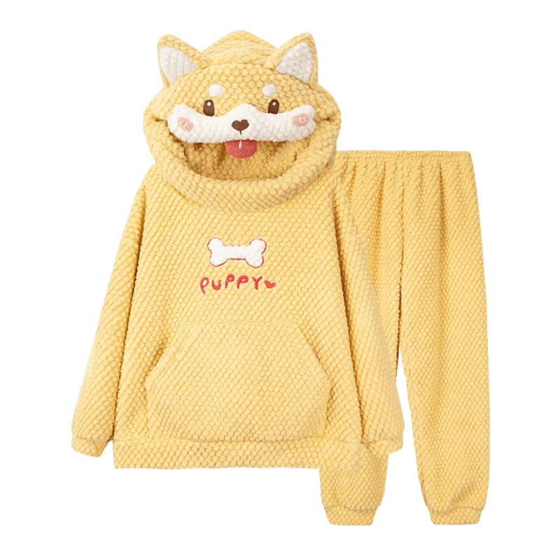 Cartoon Puppy Letter Plush Hooded Pajamas Set