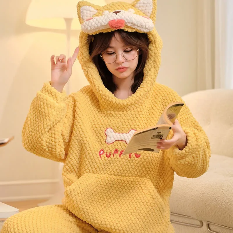 Cartoon Puppy Letter Plush Hooded Pajamas Set