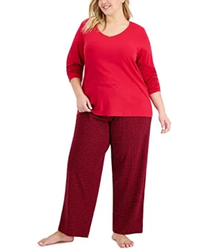 CHARTER CLUB Plus Size Long-Sleeve Top & Printed Pants Cotton Pajama Set (as1, alpha, 3x, plus, regular, Tiny Buff Check)