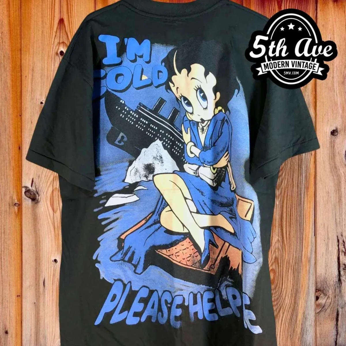 Classic Icons Collide: Betty Boop, Popeye & Titanic Single Stitch Black t shirt
