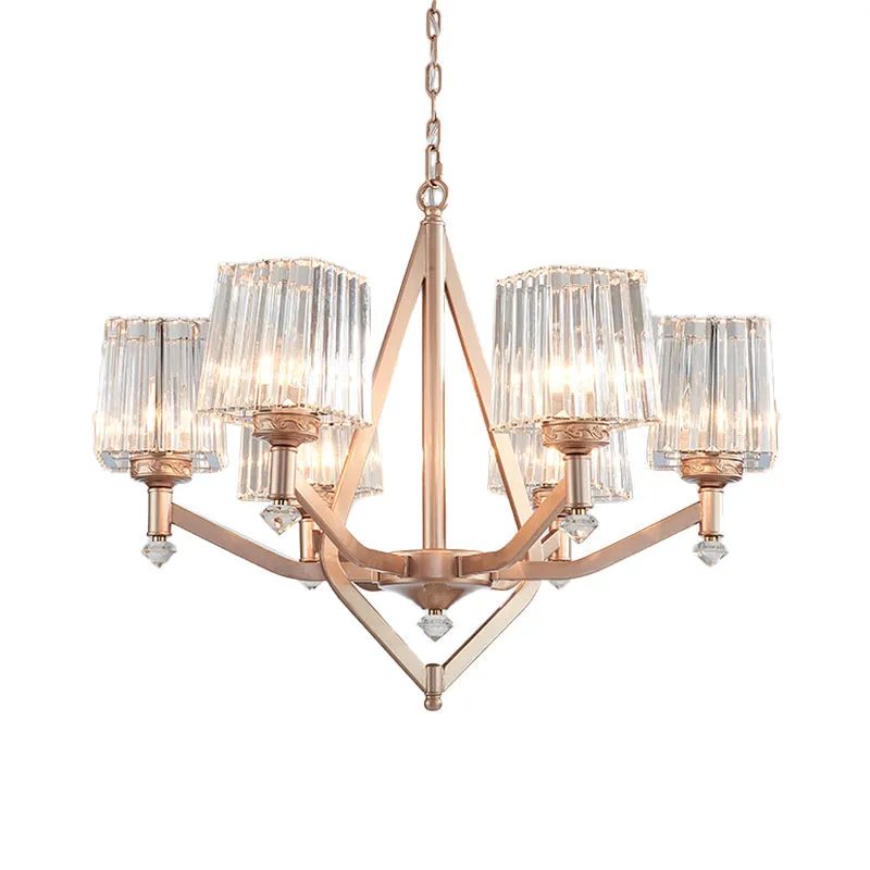 Contemporary Clear Pyramid Glass Chandelier - 6 Bulb Ceiling Light in Copper Finish