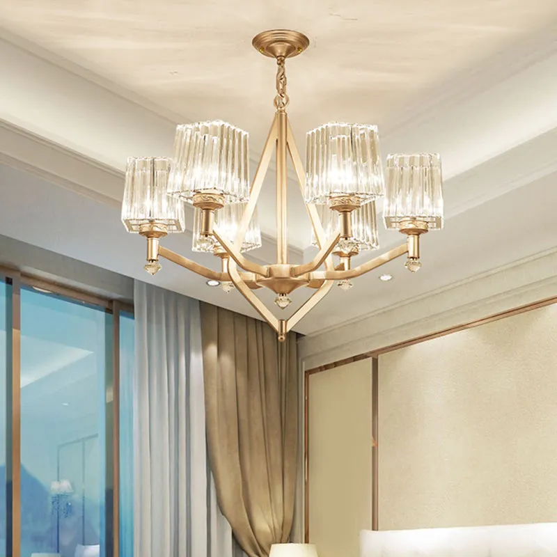 Contemporary Clear Pyramid Glass Chandelier - 6 Bulb Ceiling Light in Copper Finish