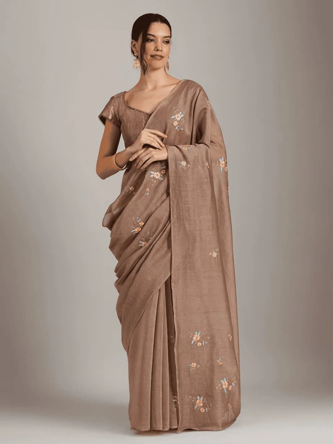 Copper Brown Embroidered Chanderi Saree