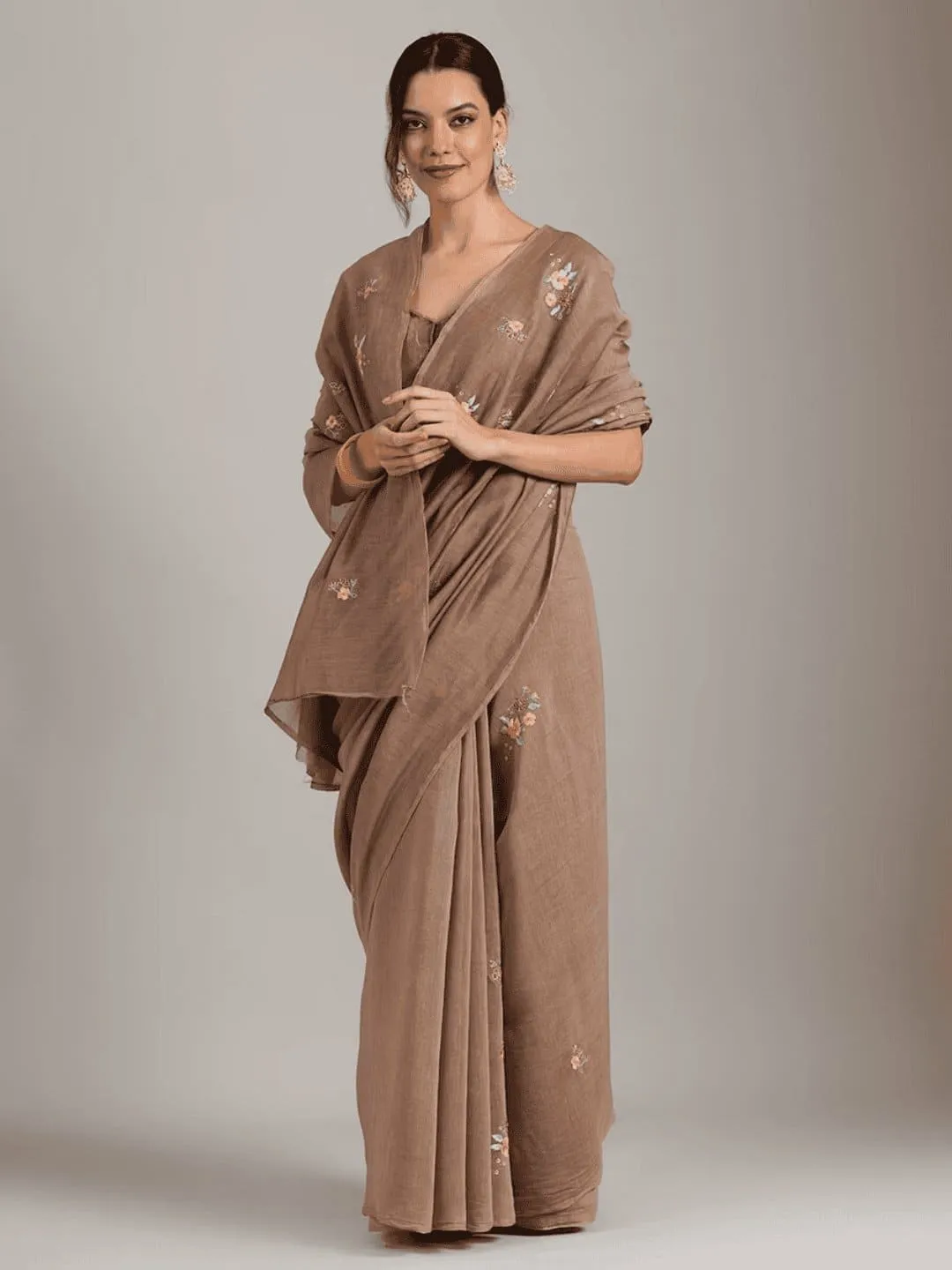 Copper Brown Embroidered Chanderi Saree