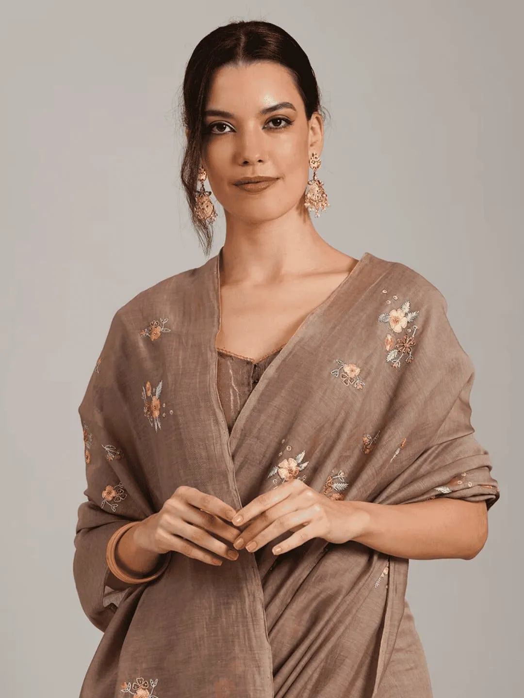 Copper Brown Embroidered Chanderi Saree