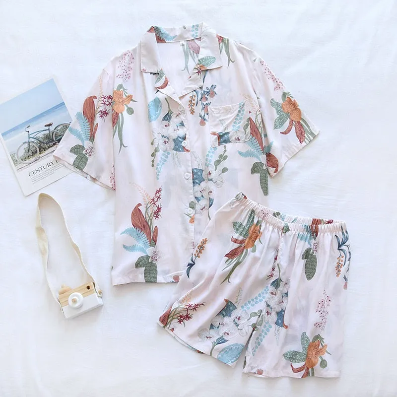 Cotton Fabric Women's Pajamas Set Eco-friendly Very Soft Short Sleepwear Natutal Creatures Print Breathable Home Suit for Summer