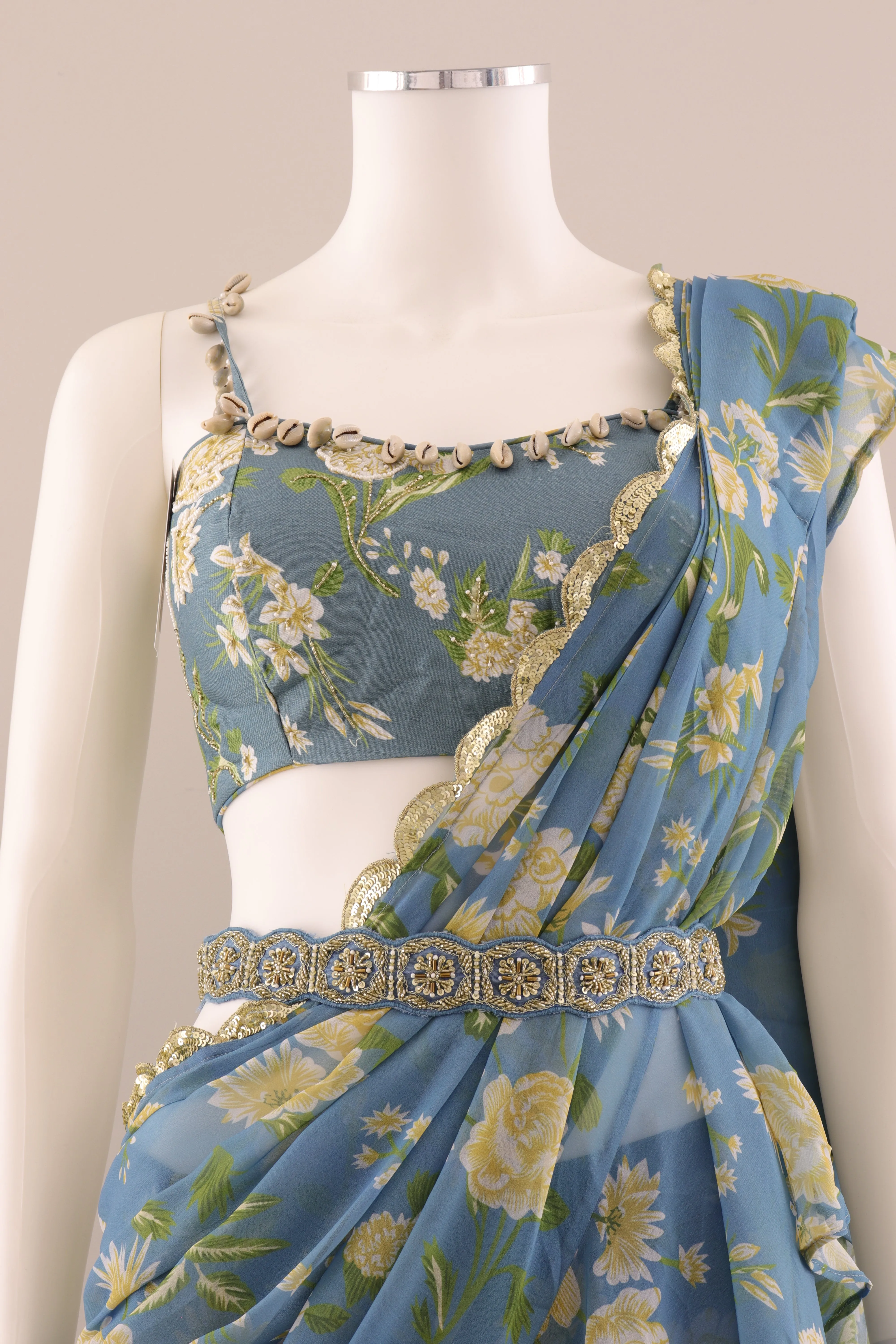 Designer Pastel Yellow Ready To Wear Lehenga Saree With Handwork