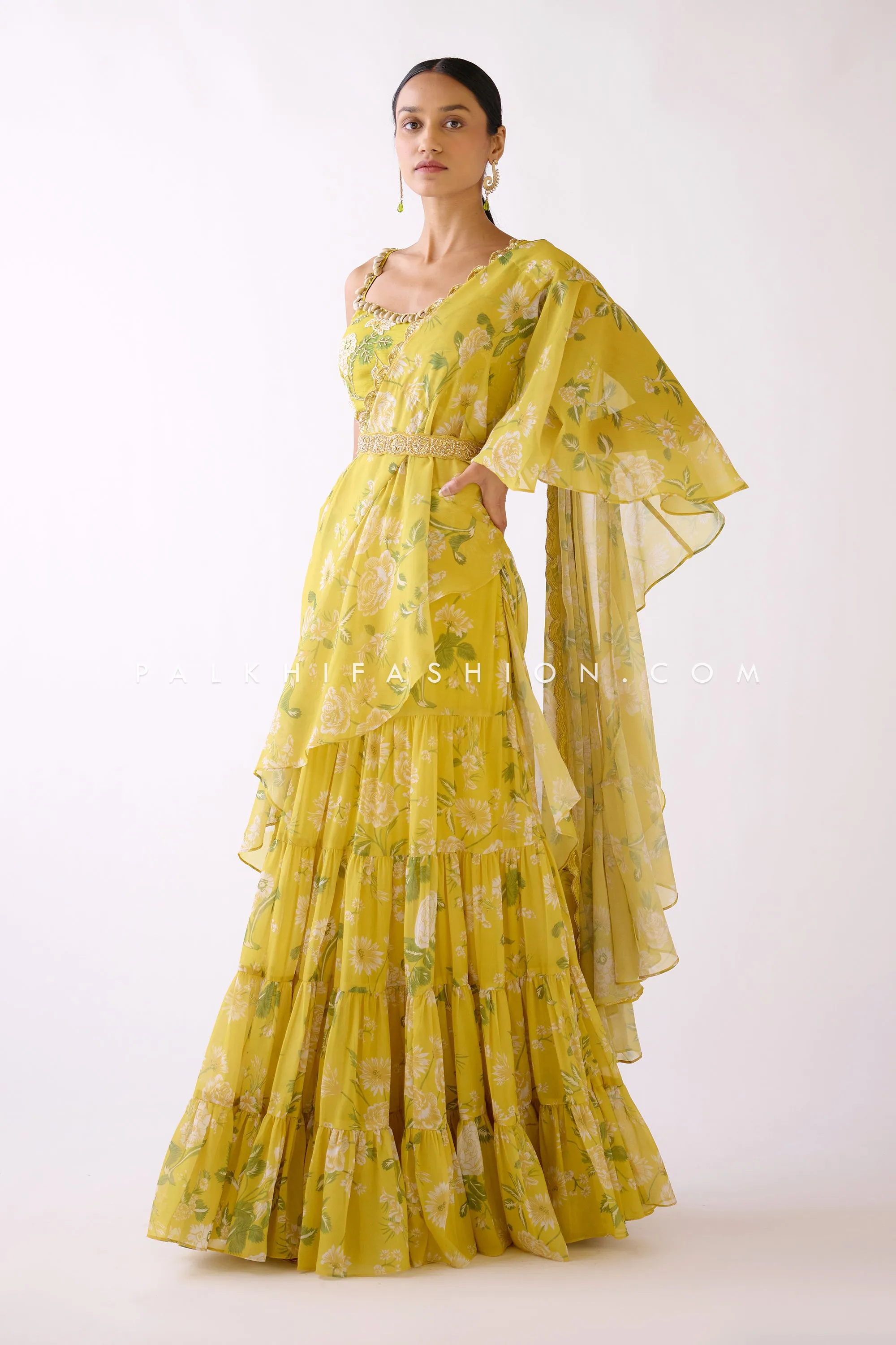 Designer Pastel Yellow Ready To Wear Lehenga Saree With Handwork