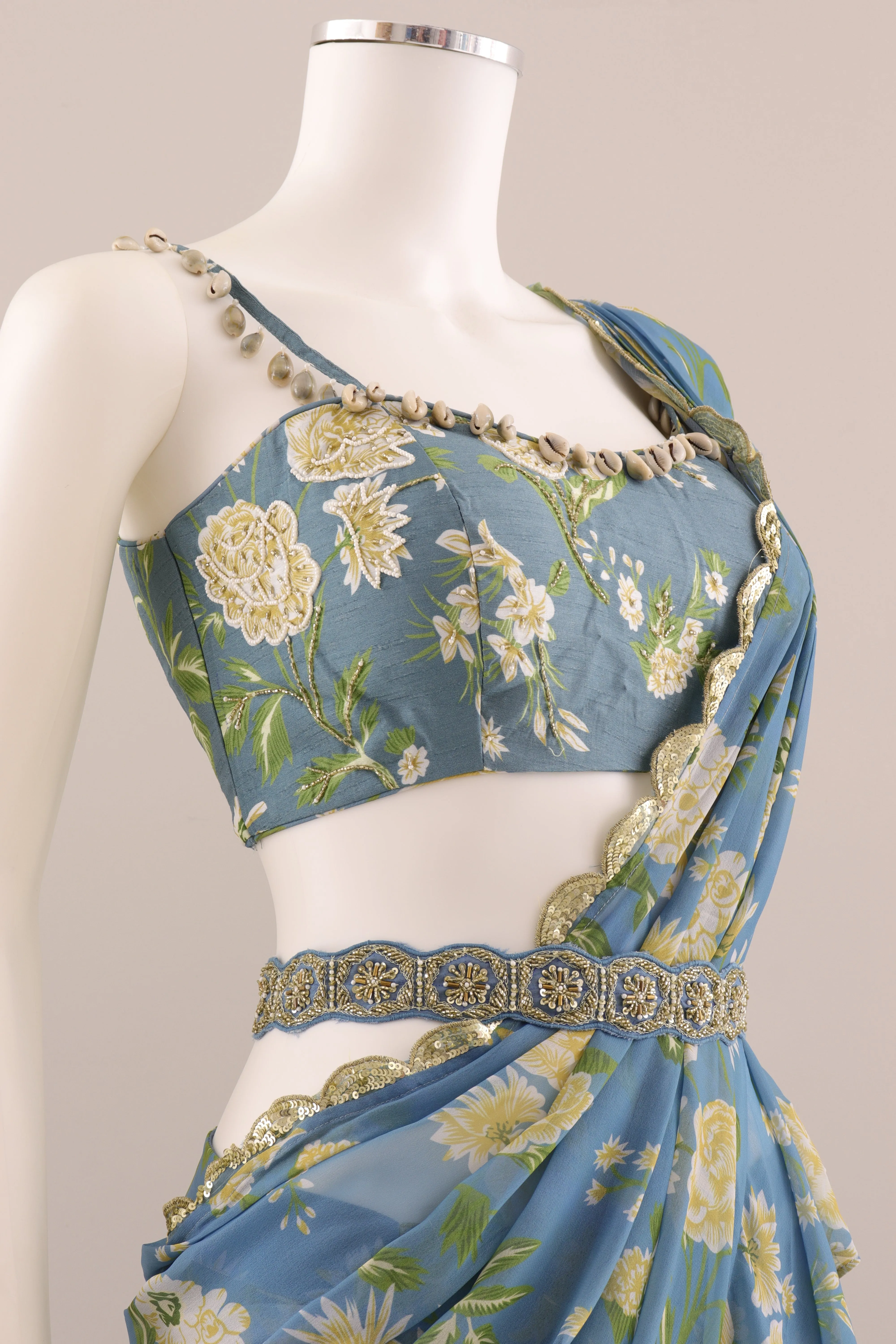 Designer Pastel Yellow Ready To Wear Lehenga Saree With Handwork