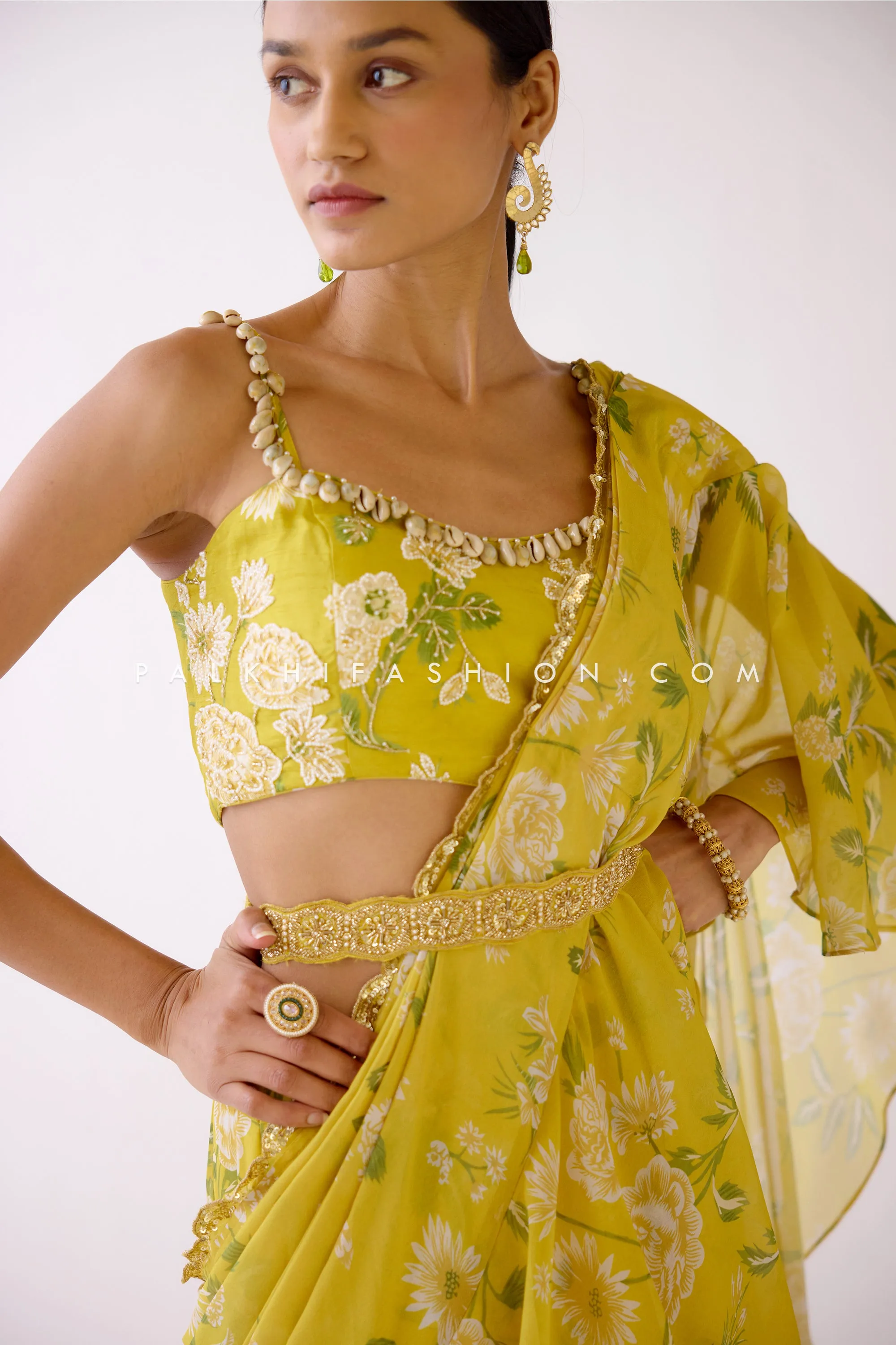 Designer Pastel Yellow Ready To Wear Lehenga Saree With Handwork