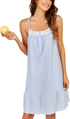 Ekouaer Women's 100% Cotton Lace Nightgown Sleeveless Sleep Dress Victorian Sleepshirt Button Strap Gown
