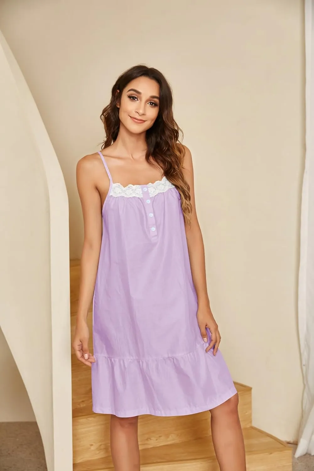 Ekouaer Women's 100% Cotton Lace Nightgown Sleeveless Sleep Dress Victorian Sleepshirt Button Strap Gown