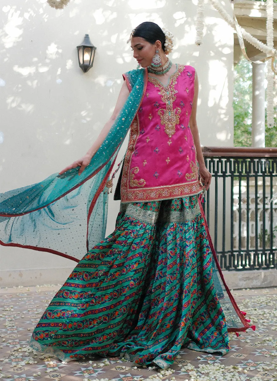 Elena rani pink shirt with block printed gharara