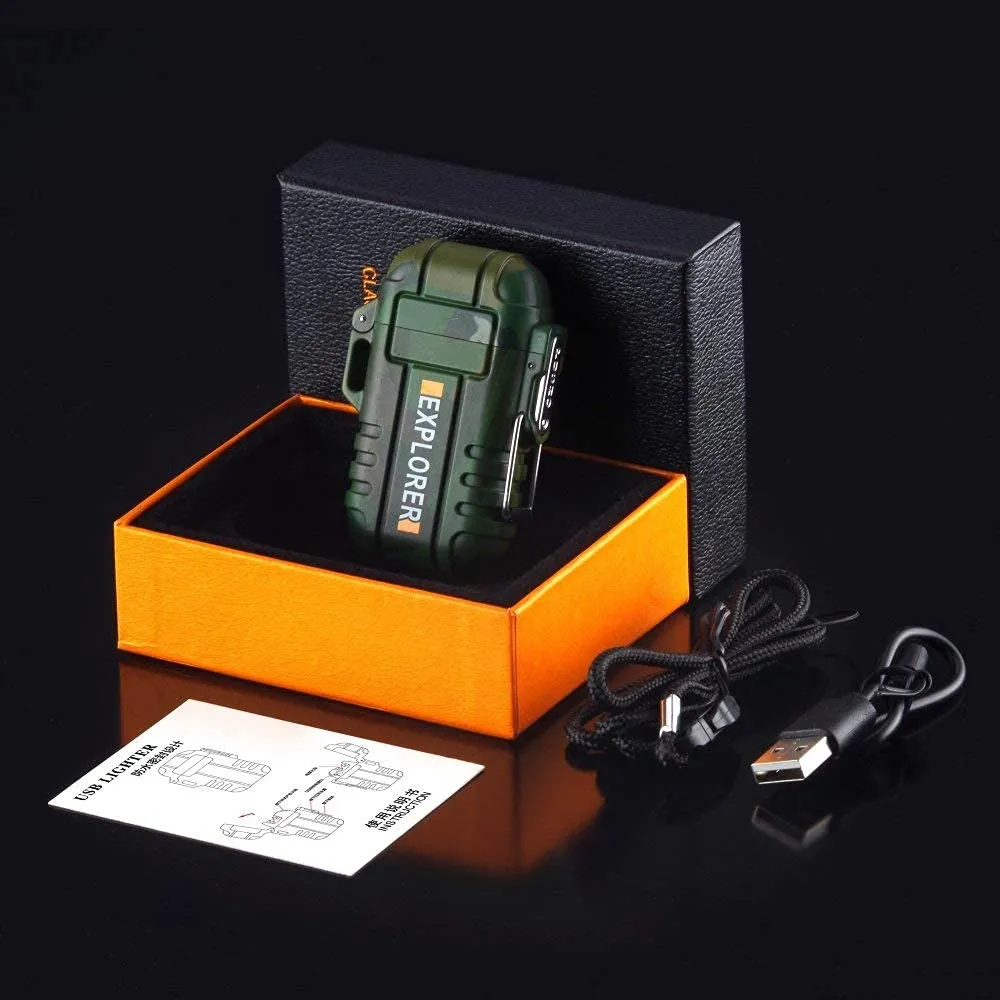 Explorer Military Print Flameless Double ARC Rechargeable Waterproof Pocket Size Lighter | Windproof, Alloy Resin Made( Green)