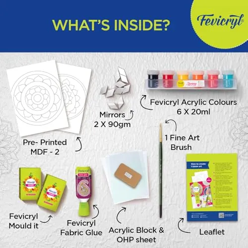 Fevicryl Lippan Art Kit: Complete DIY Set, Includes Wooden Boards, Acrylic Paints, Mirror Packets, Brushes, OHP Sheets, Mouldit, and Glue! Ideal for hobbyists, Boys, Girls Above 14 